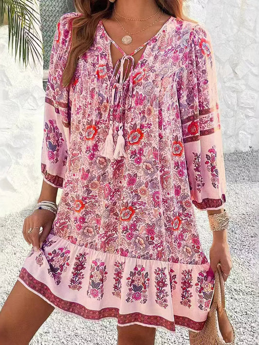Floral Print Tassel Tie Neck Mini Dress Blush Pink 
