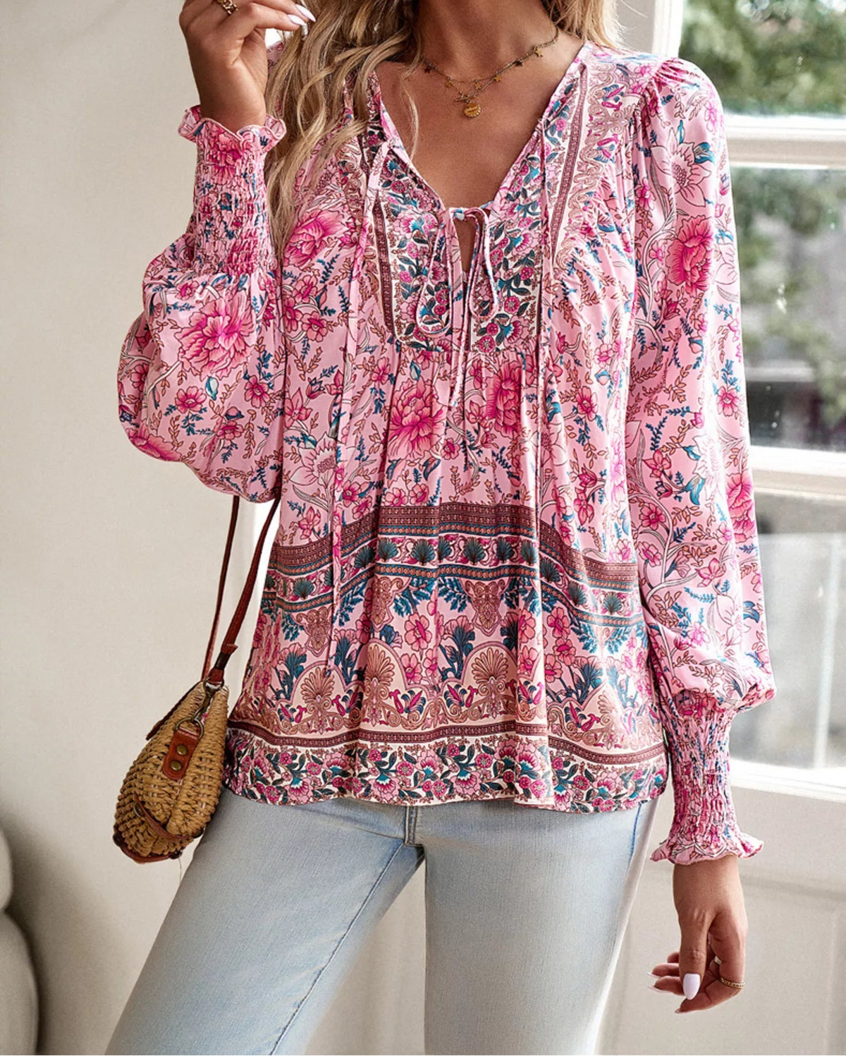 Floral Print Tie-Neck Blouse with Smocked Cuffs Pink