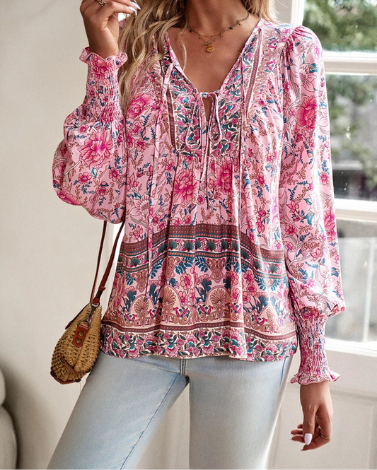 Floral Print Tie-Neck Blouse with Smocked Cuffs Pink