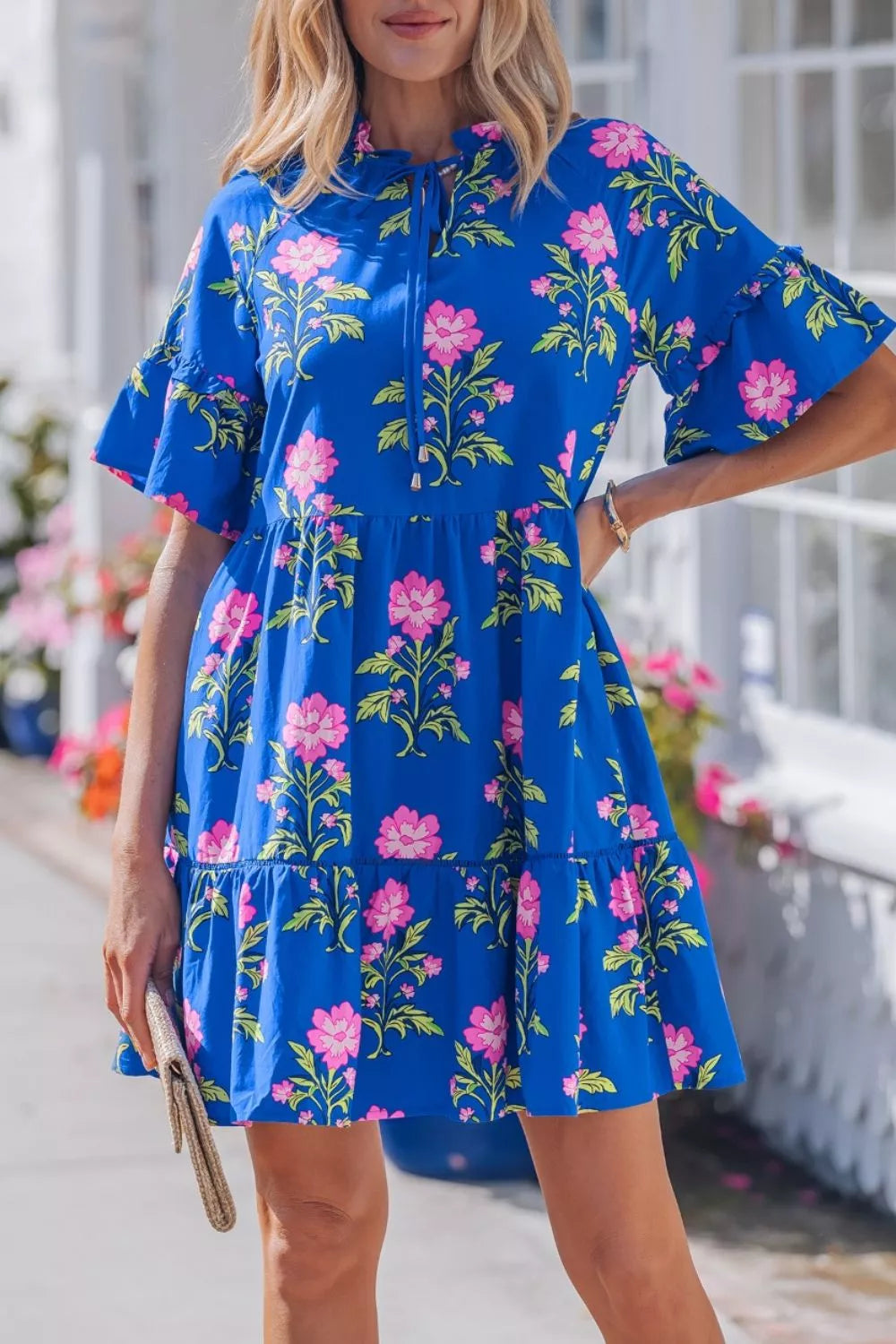 Floral Print Tiered Mini Dress- Royal Blue