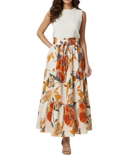 Floral Print Tiered Ruffle Midi Skirt