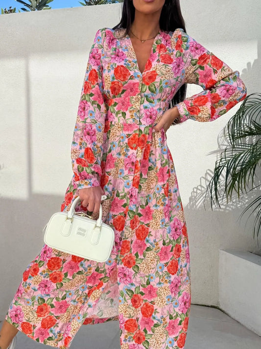 Floral Print V-Neck Midi Dress with Long Sleeves