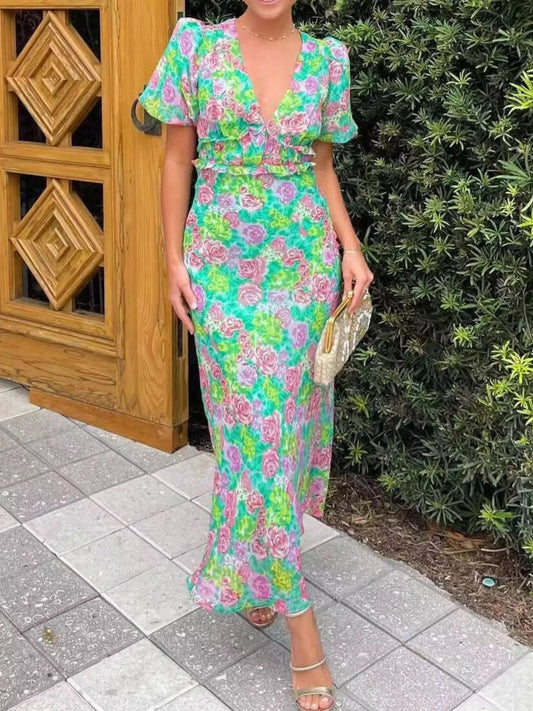 Floral Print V-Neck Puff Sleeve Midi Dress green