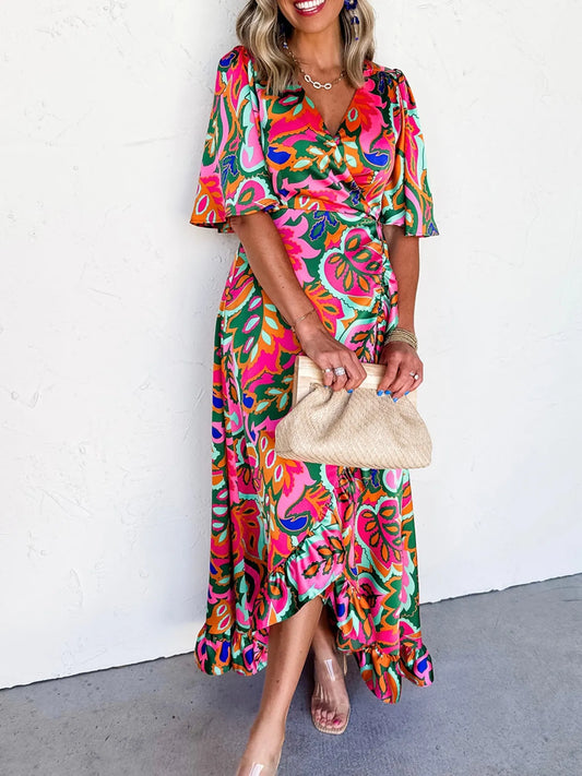 Floral Print Wrap Maxi Dress with Ruffle Details