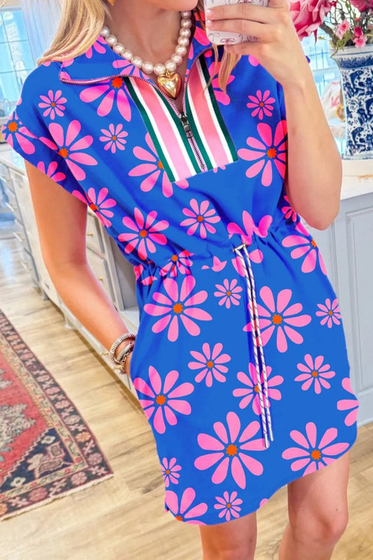 Floral Print Zip Collar Drawstring Mini Dress blue
