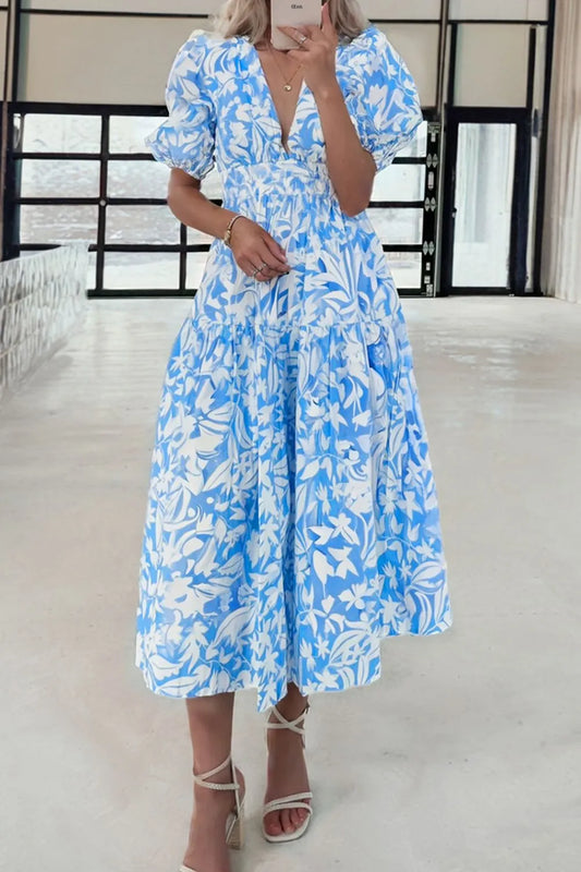 Floral Puff Short Sleeve Midi Dress