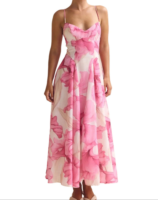 Floral Ruched Spaghetti Strap Midi Dress