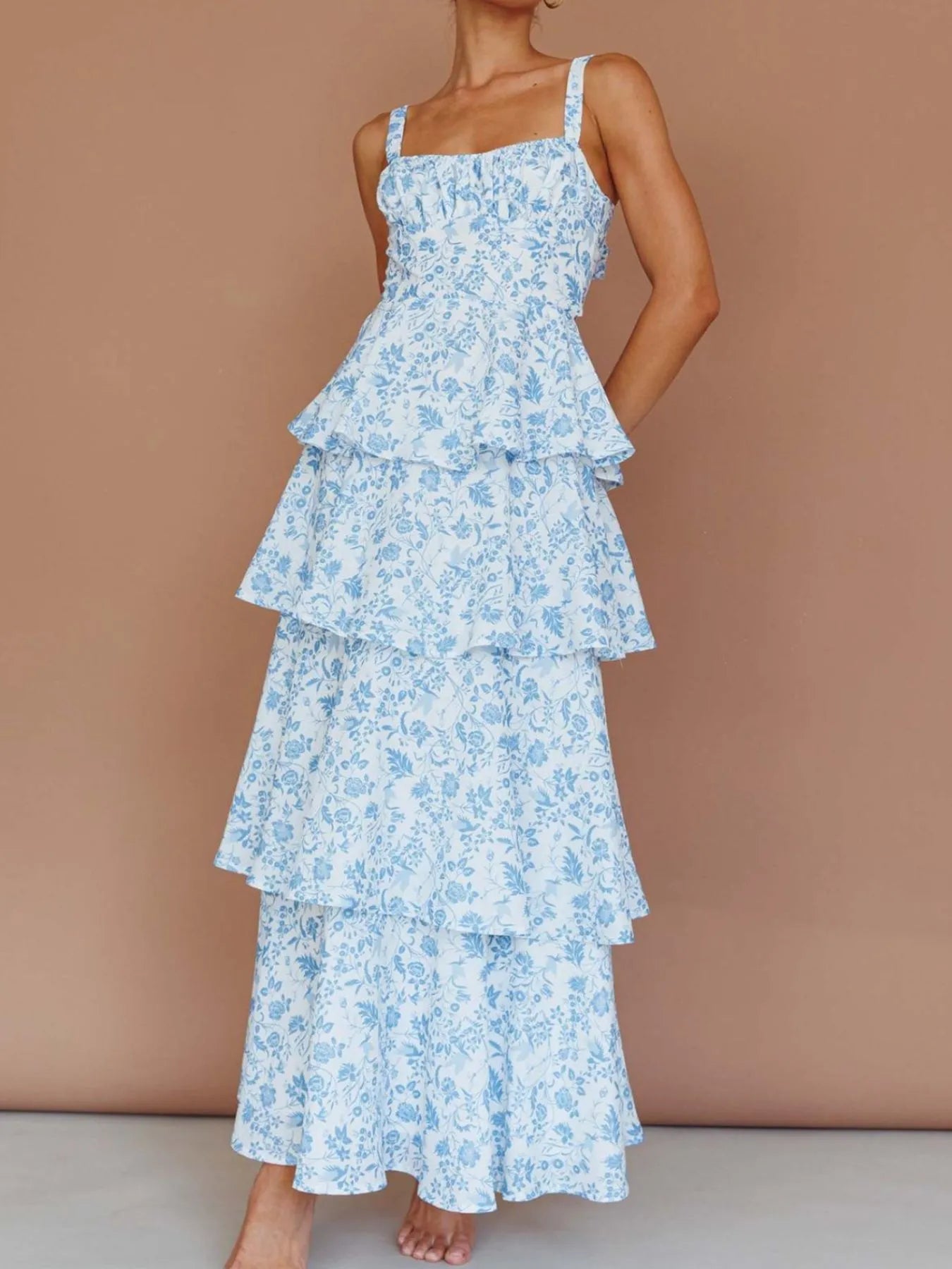 Floral Ruffle Maxi Dress - Tiered Layered Evening Dress for Women blue