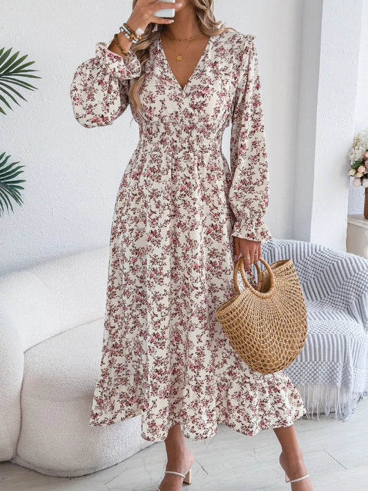 Floral Ruffled Flounce-Sleeve Midi Dress