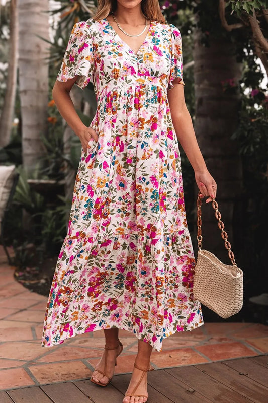 Floral Short Sleeve Midi Dress with Pockets
