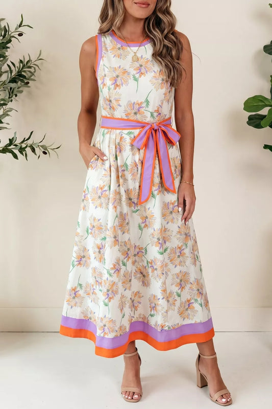Floral Sleeveless Midi Dress with Belt