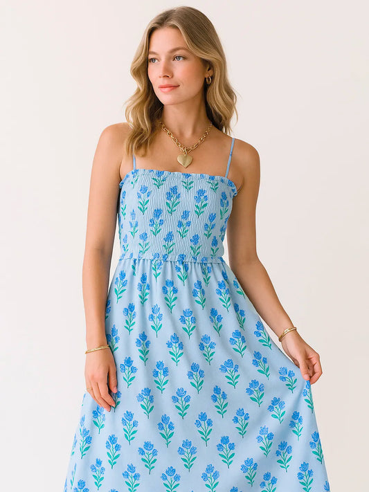 Floral Smocked Midi Cami Dress front view blue