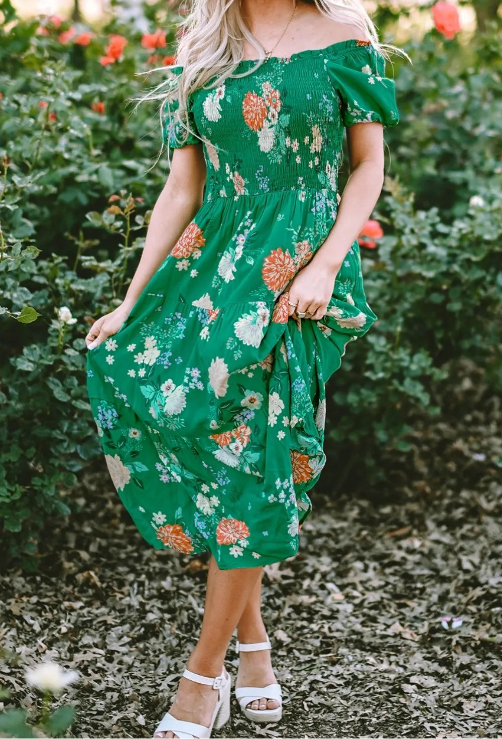 Marigold Collections Australia floral smocked midi dress with versatile on- or off-shoulder neckline