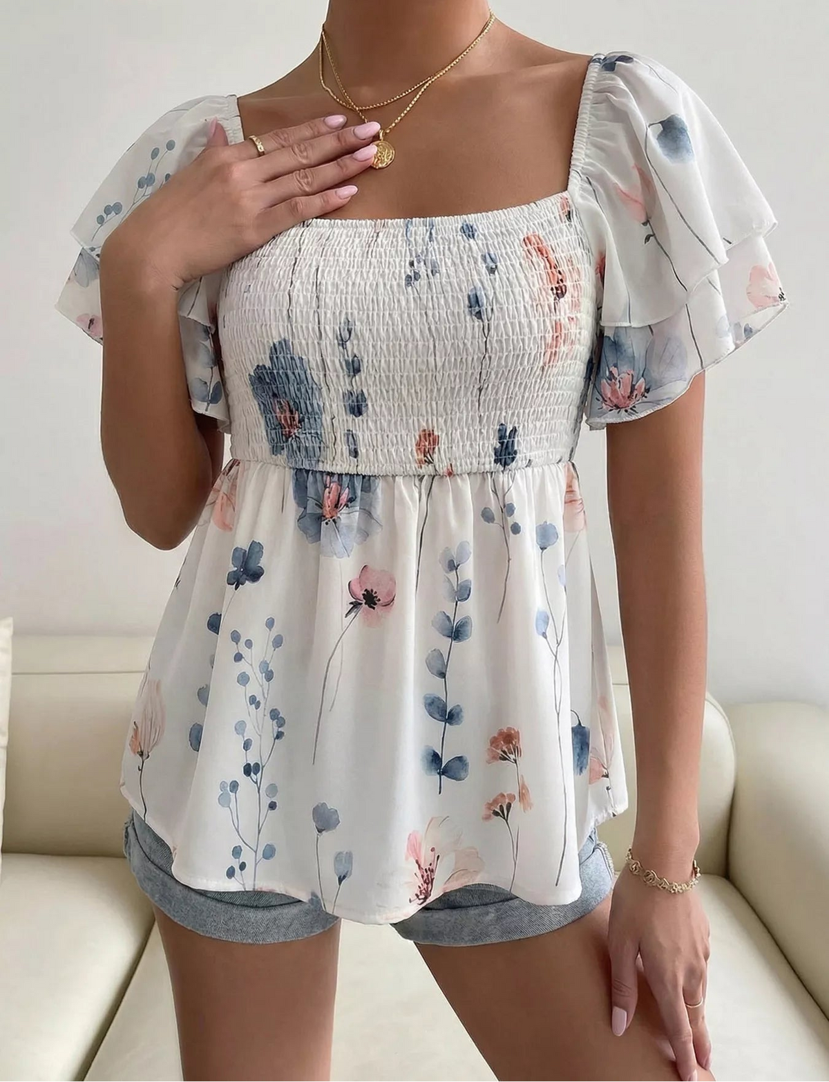 Floral Smocked Square Neck Flutter Sleeve Blouse