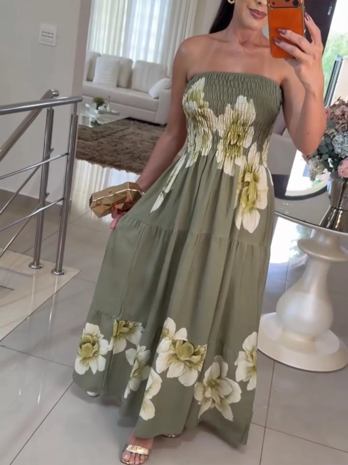 Floral Smocked Strapless Maxi Dress | Green