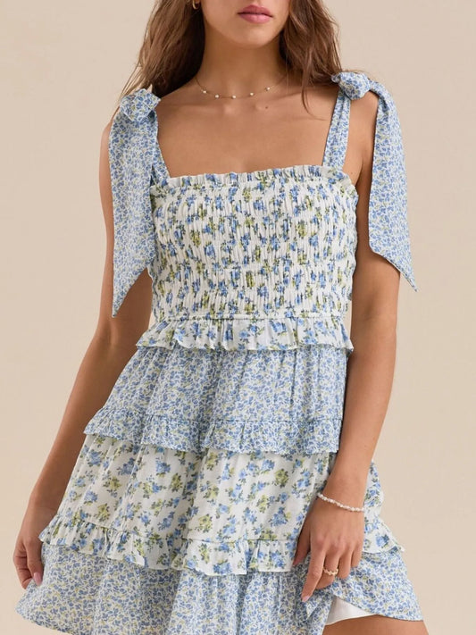 Floral Smocked Tie-Shoulder Mini Dress blue