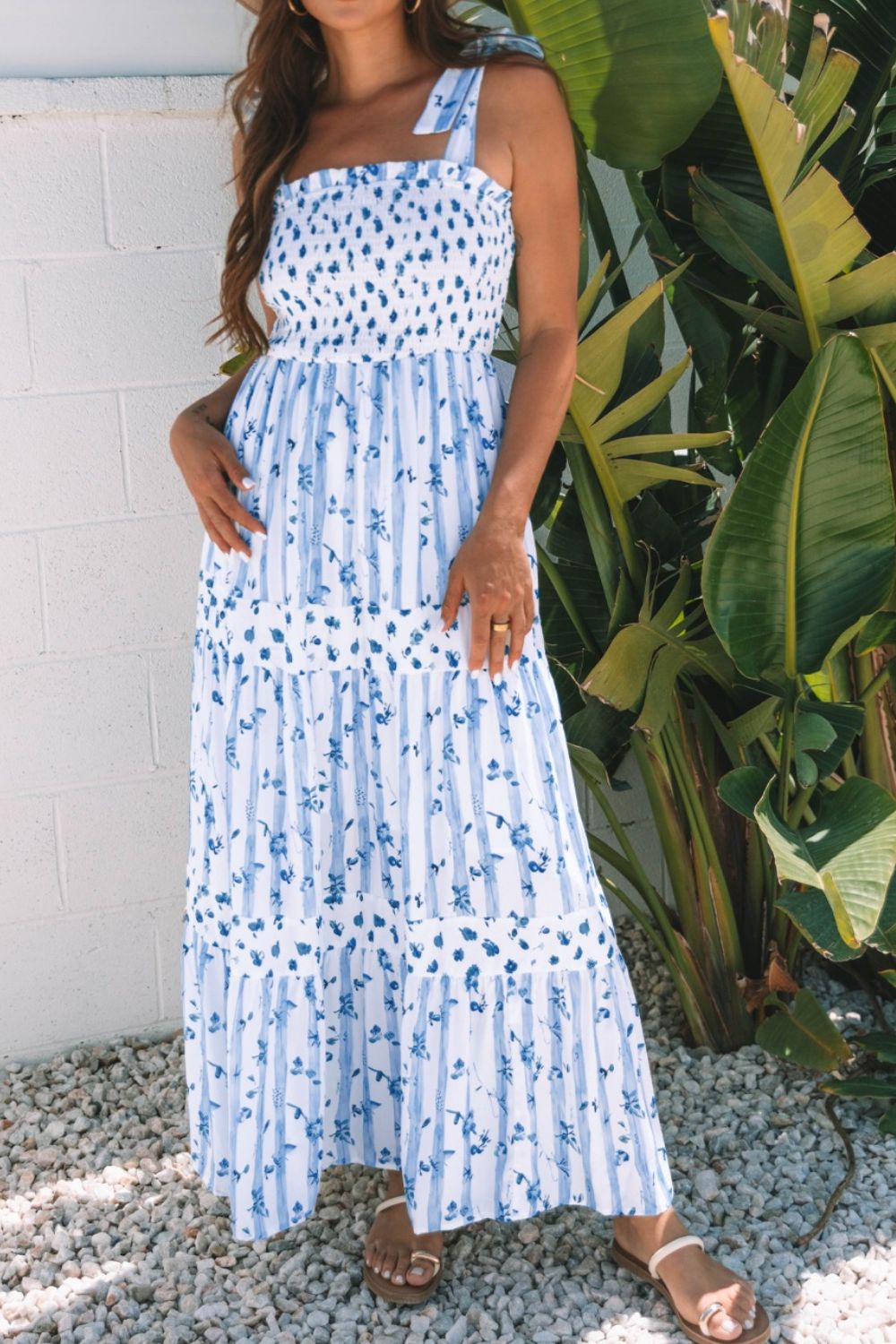 Floral Smocked Tiered Tie-Strap Maxi Dress