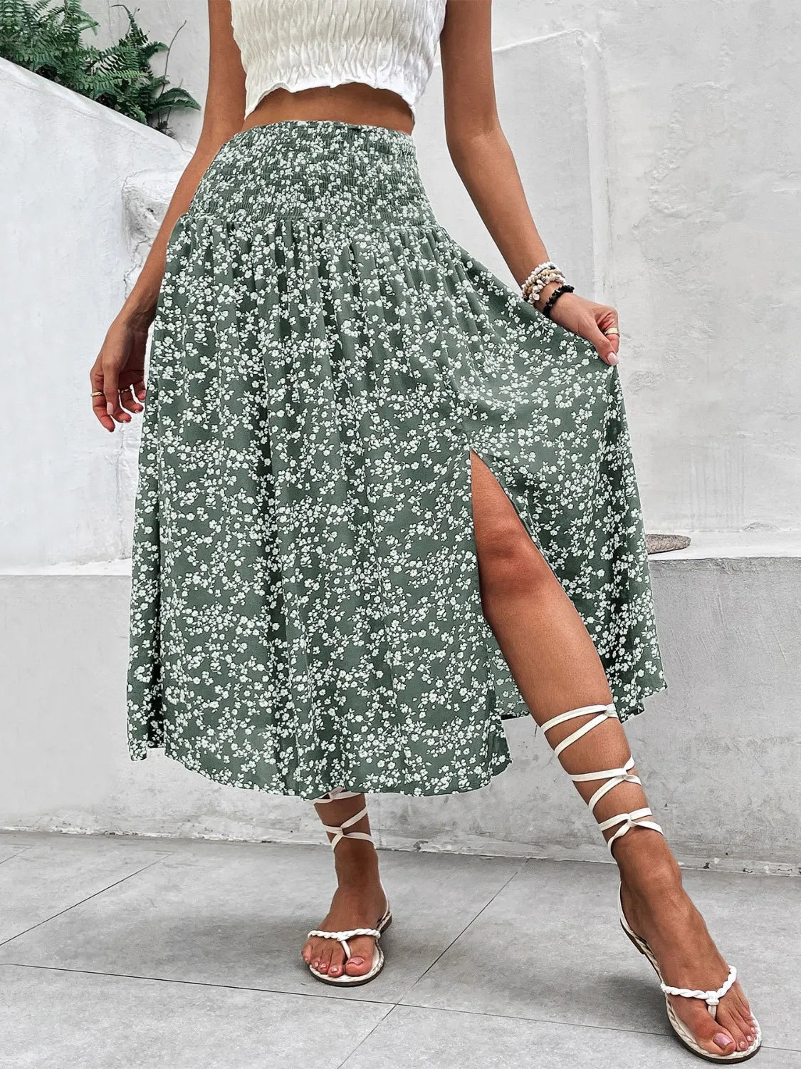 Floral Smocked Waist Midi Skirt Sage