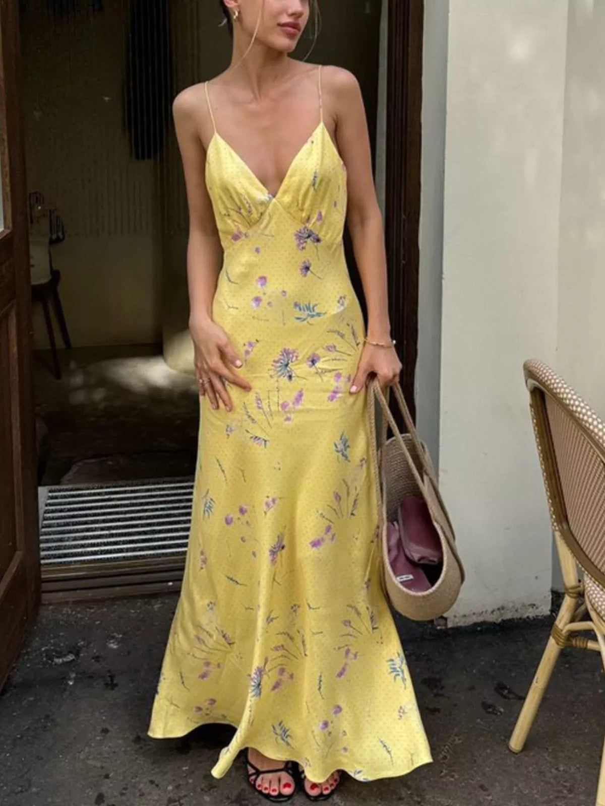 Floral Spaghetti Straps Maxi Dress Butter Yellow