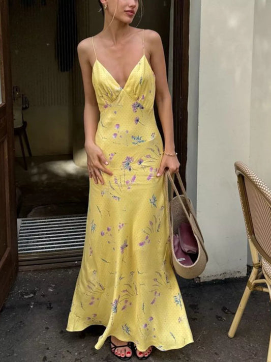 Floral Spaghetti Straps Maxi Dress Butter Yellow