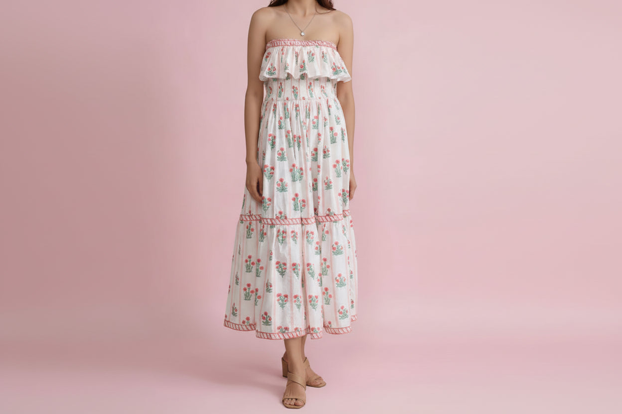 Floral Strapless Ruffle Dress - Tiered Maxi Dress with Pockets