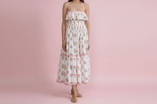 Floral Strapless Ruffle Dress - Tiered Maxi Dress with Pockets