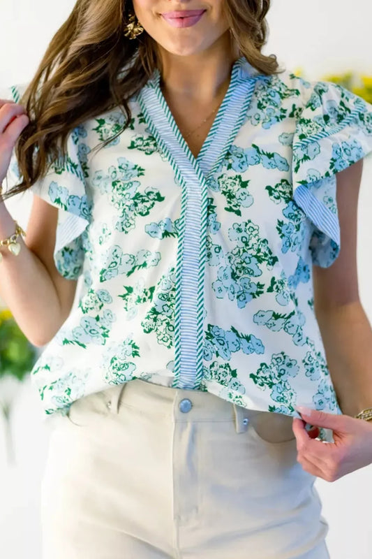 Floral & Stripe Print Flutter Sleeve Blouse