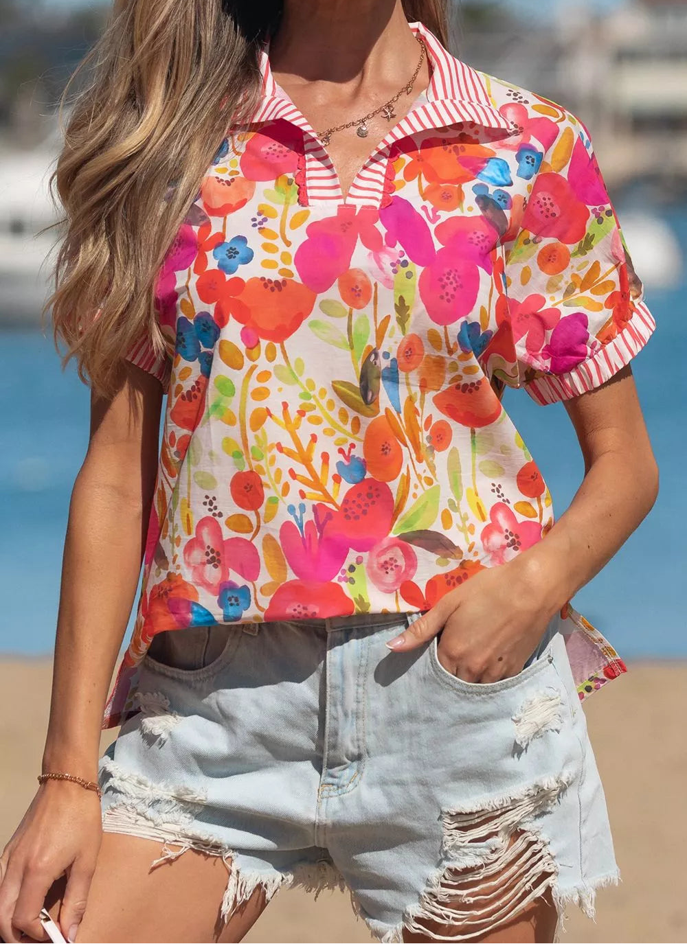 Floral Striped Trim Collared Short Sleeve Blouse