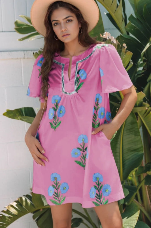 Floral Striped Trim Mini Dress pink