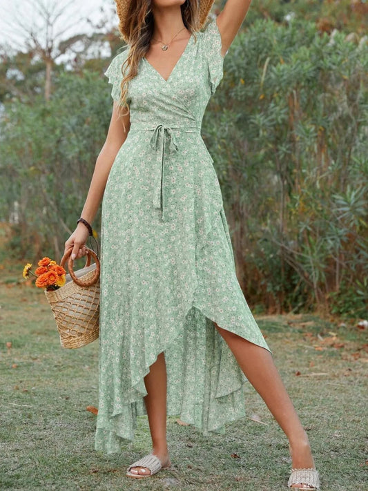 Floral Surplice Ruffle Sleeve Dress