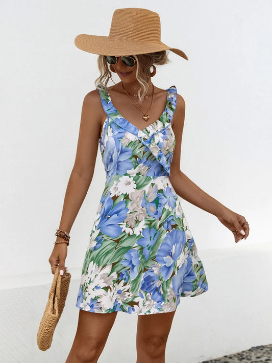 Floral Surplice Ruffle Sleeveless Mini Dress