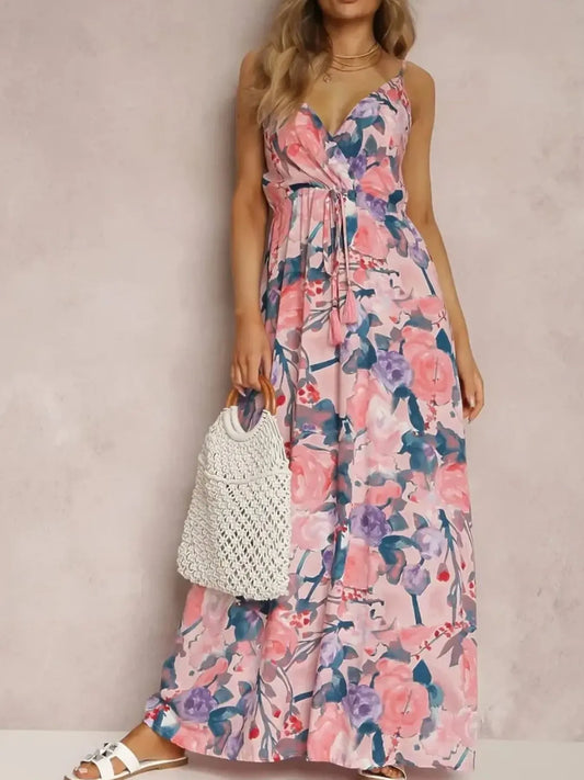 Floral Surplice Spaghetti Strap Maxi Dress