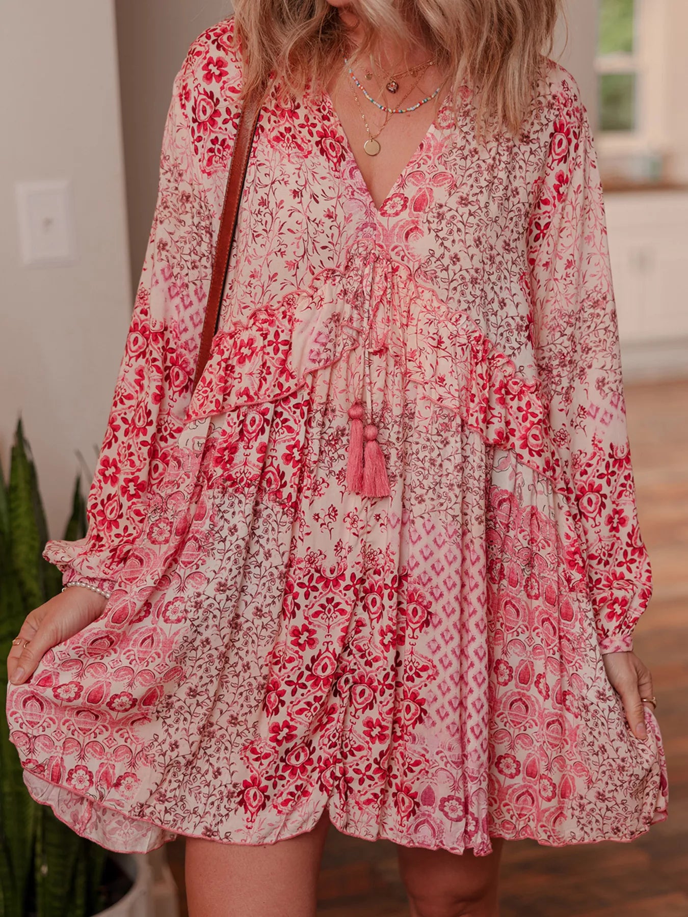 Floral Tassel Tie Long Sleeve Mini Dress