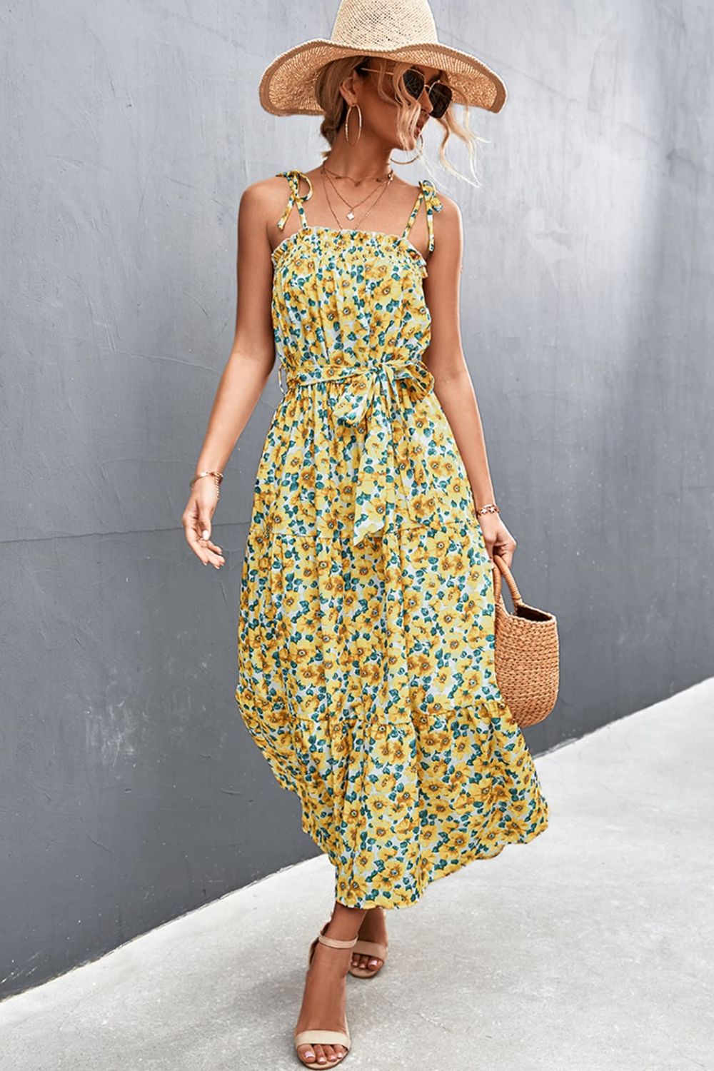 Floral Tie-Shoulder Belted Midi Dress