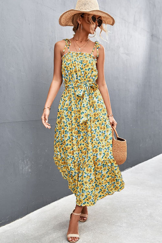 Floral Tie-Shoulder Belted Midi Dress