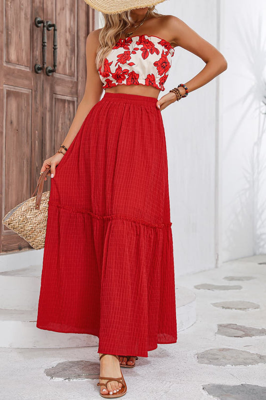 Floral Tube Top and Maxi Skirt Set red