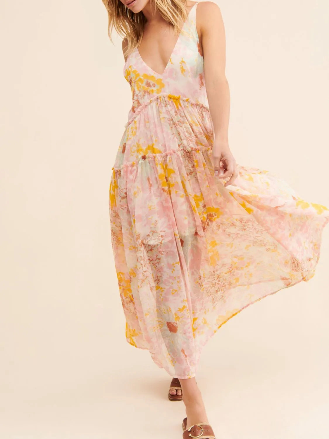 Floral V-Neck Sleeveless Midi Dress blush pink