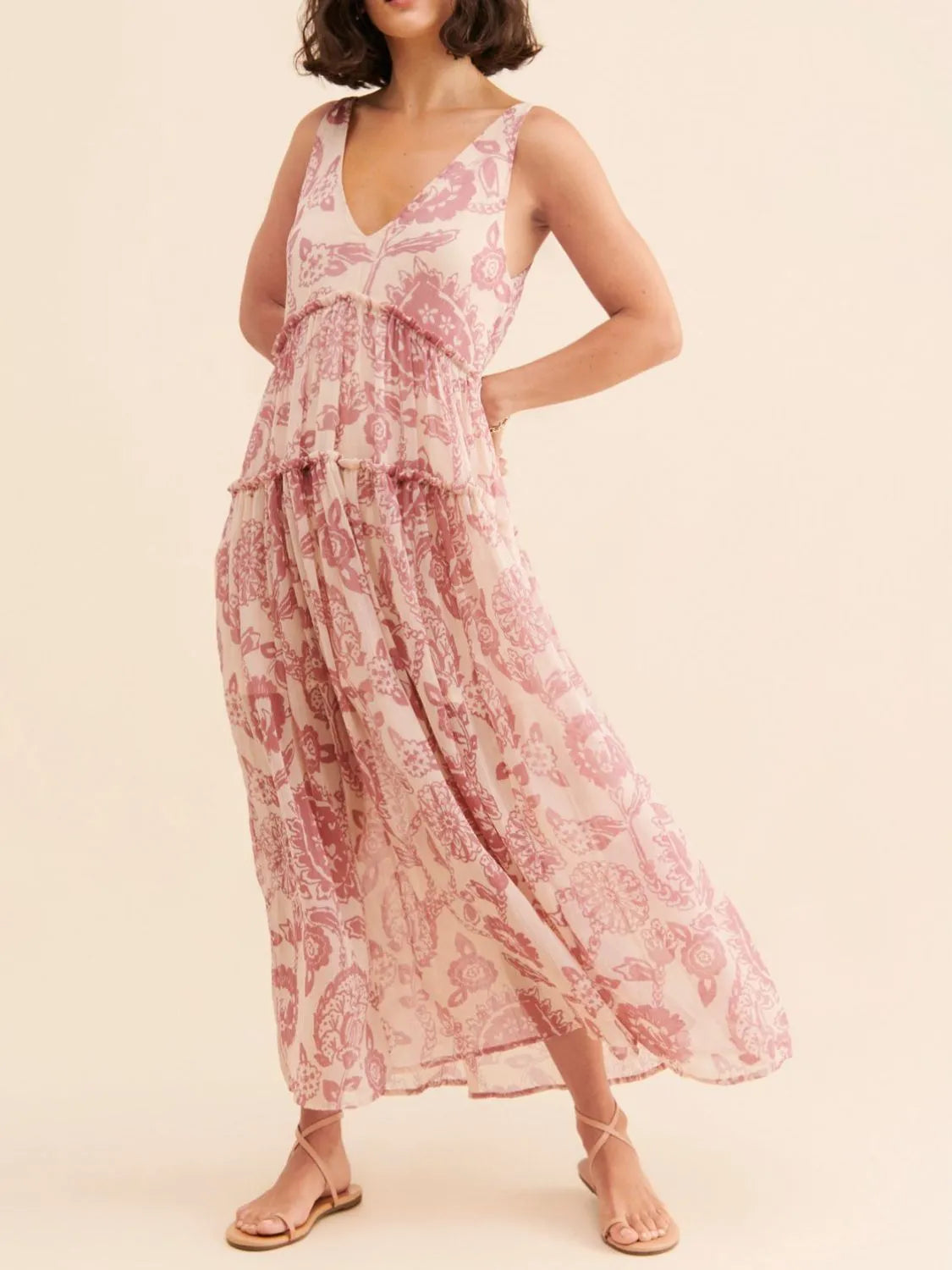 Floral V-Neck Sleeveless Midi Dress dusty pink