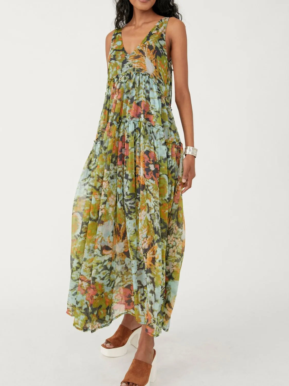 Floral V-Neck Sleeveless Midi Dress green