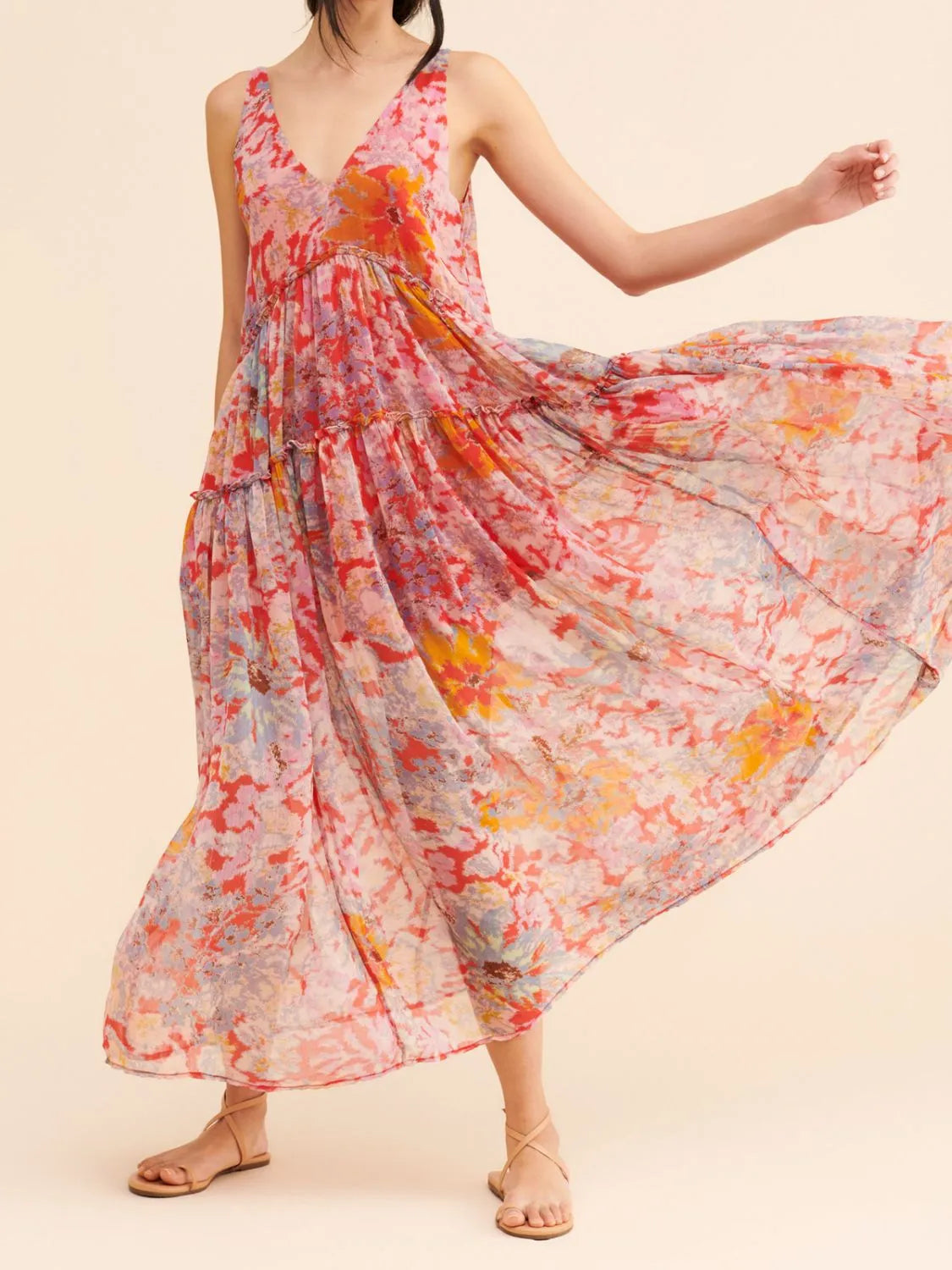 Floral V-Neck Sleeveless Midi Dress red