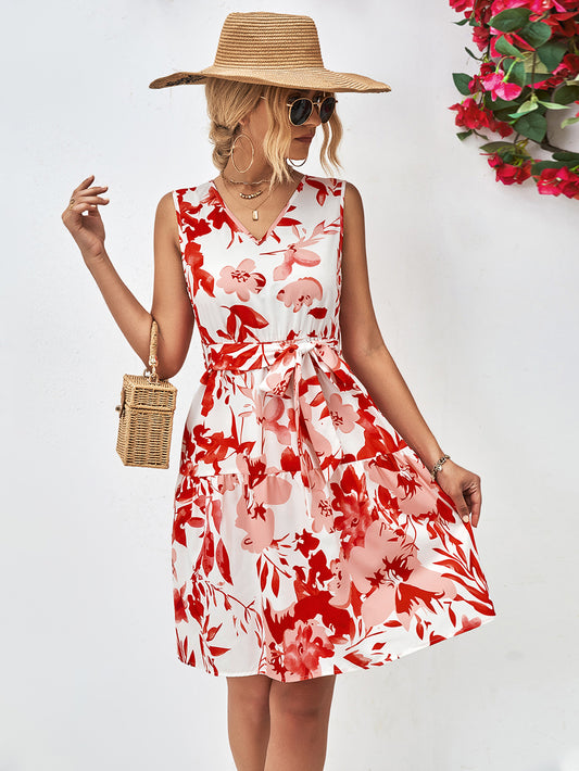 Floral V-Neck Tie Waist Sleeveless Dress Red