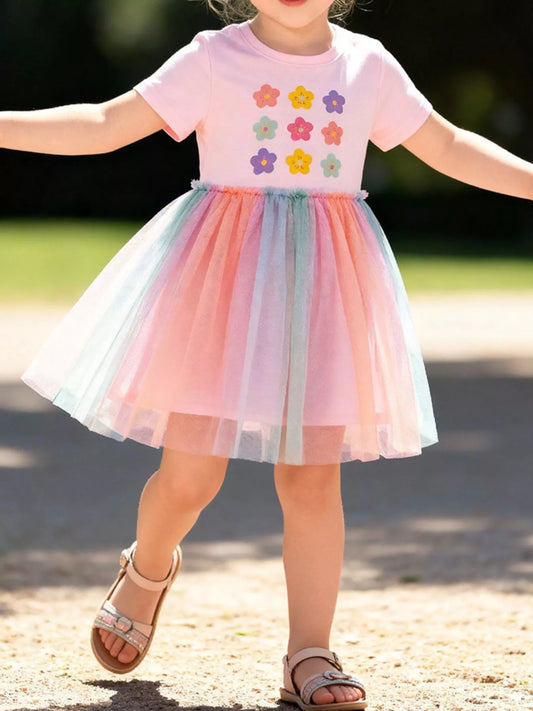 Flower Print Rainbow Tulle Dress