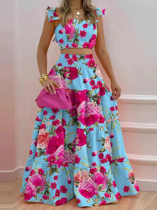 Flutter Sleeve Crop Top and Tiered Maxi Skirt Set floral