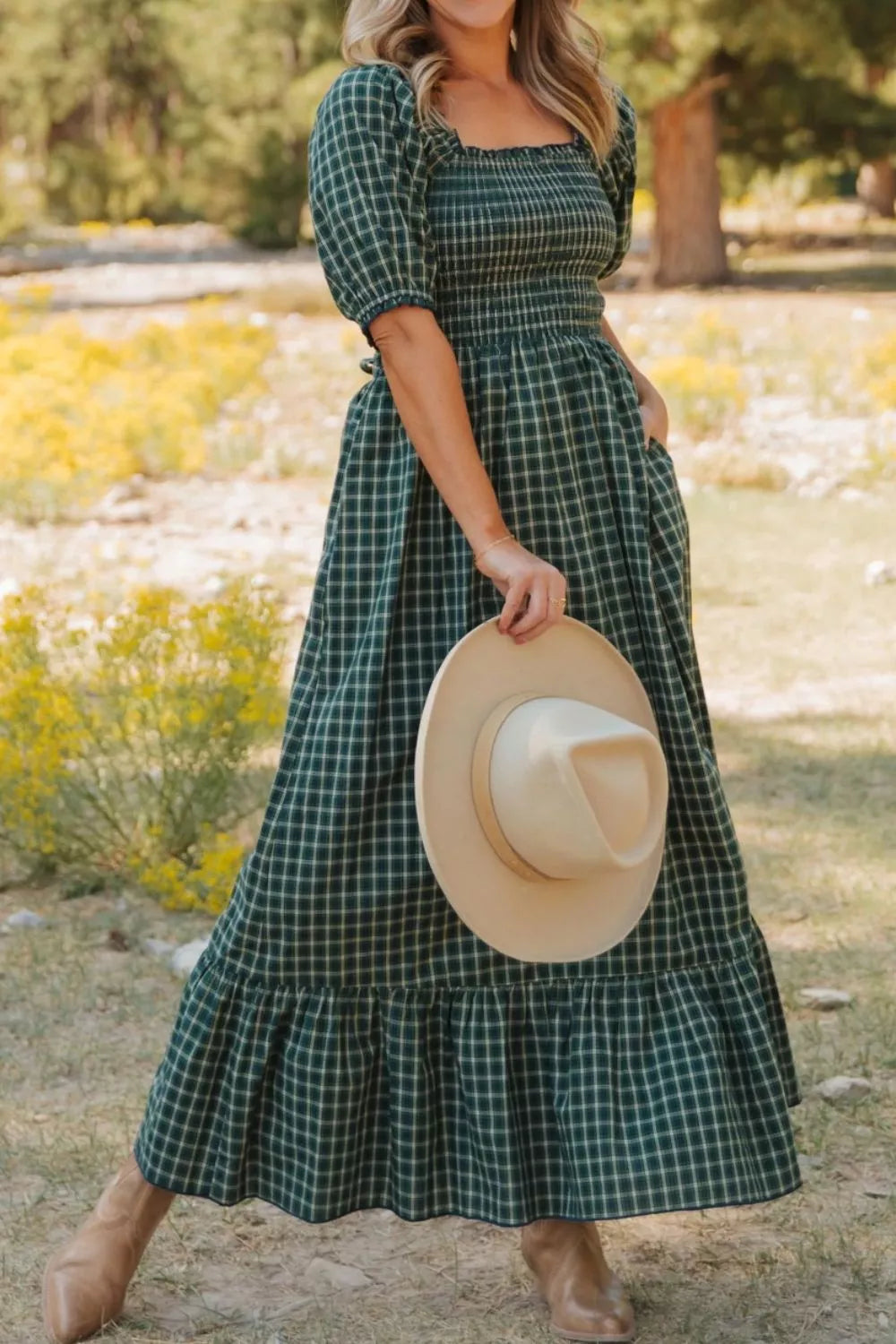 Forest Green Plaid Shirred Maxi Dress
