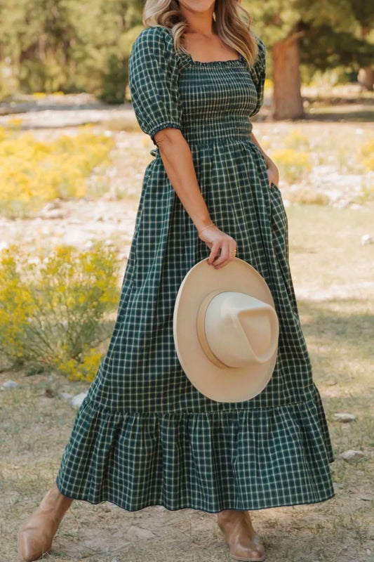 Forest Green Plaid Shirred Maxi Dress