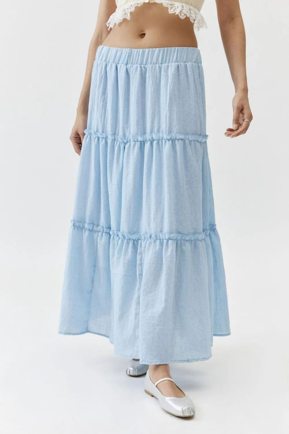 Frill Elastic Waist Midi Skirt light blue