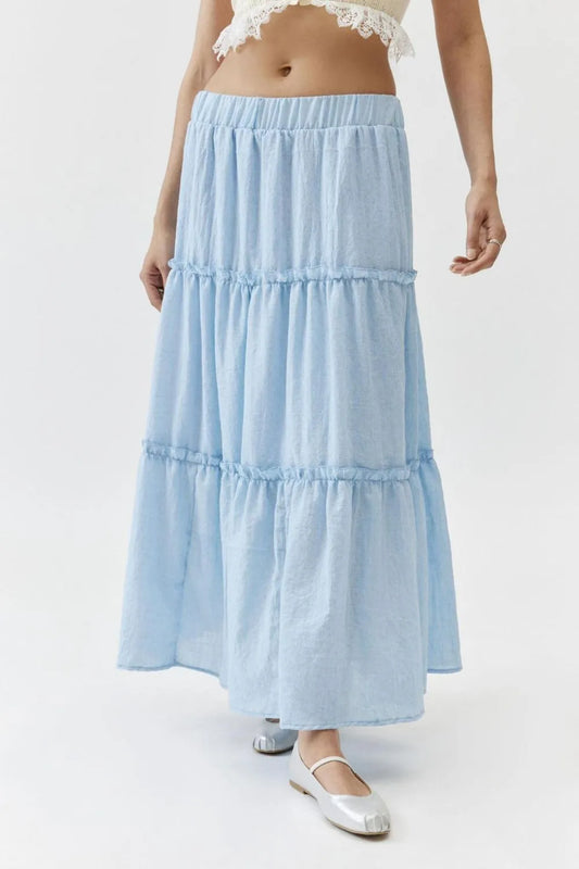 Frill Elastic Waist Midi Skirt light blue
