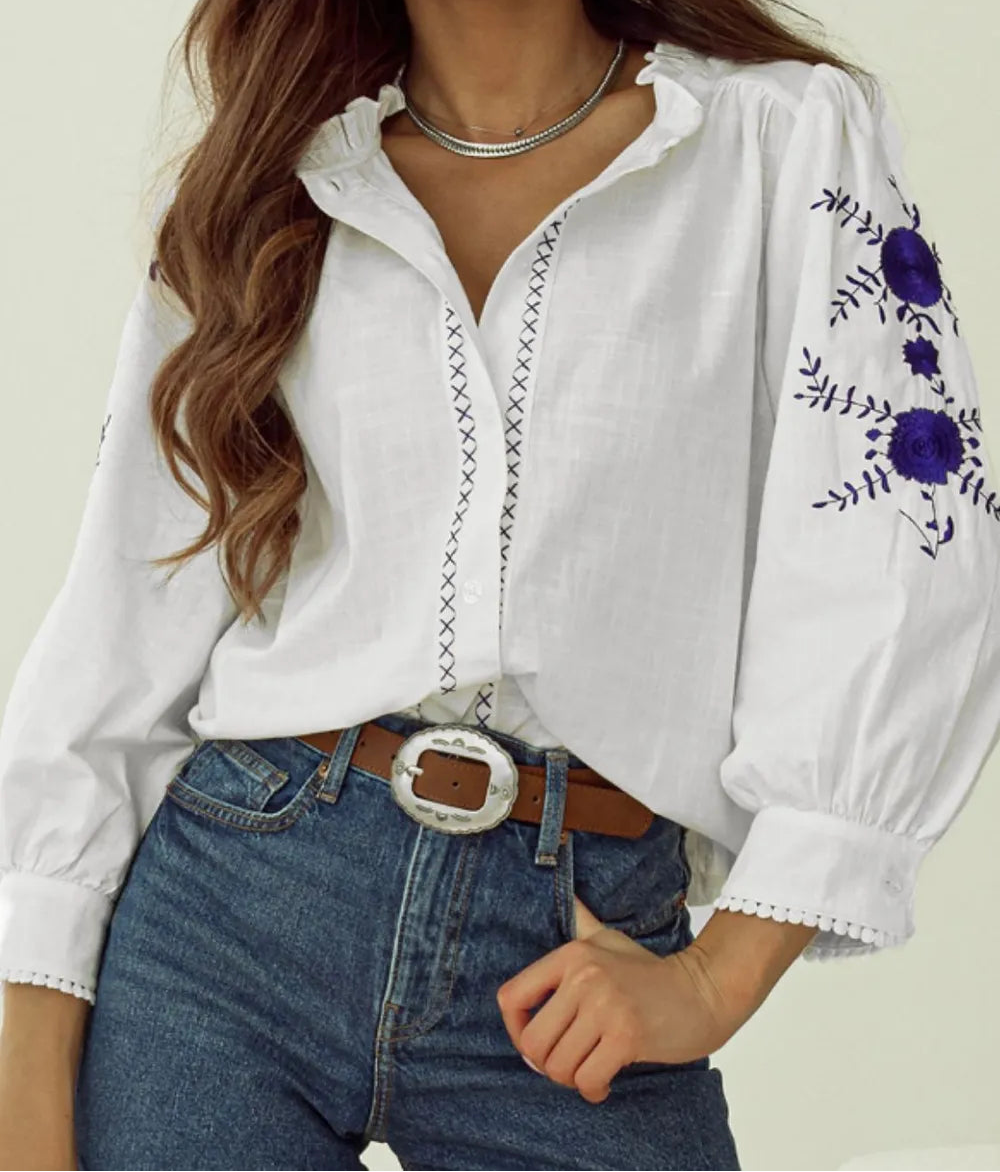 Frill Neck Floral Embroidered Sleeve Shirt