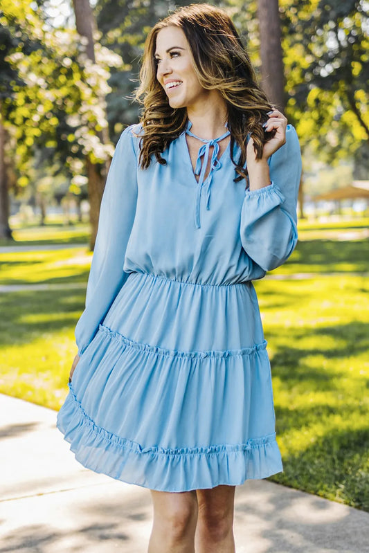 Frill Tie Neck Balloon Sleeve Dress blue