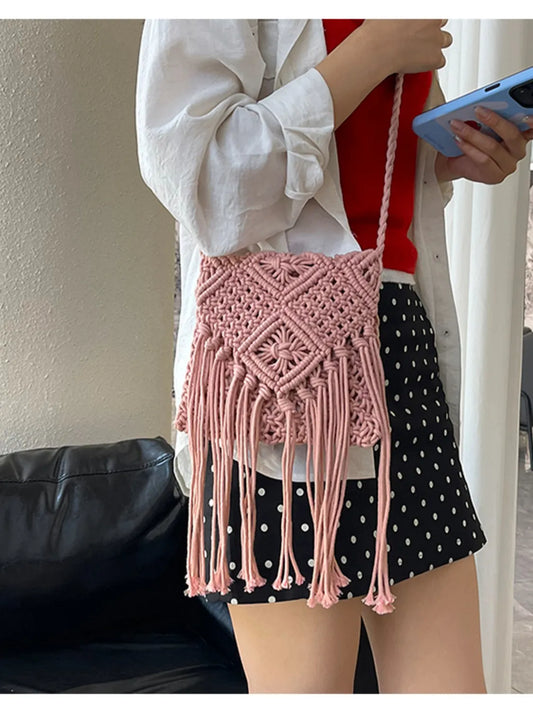 Fringe Woven Crossbody Bag pink